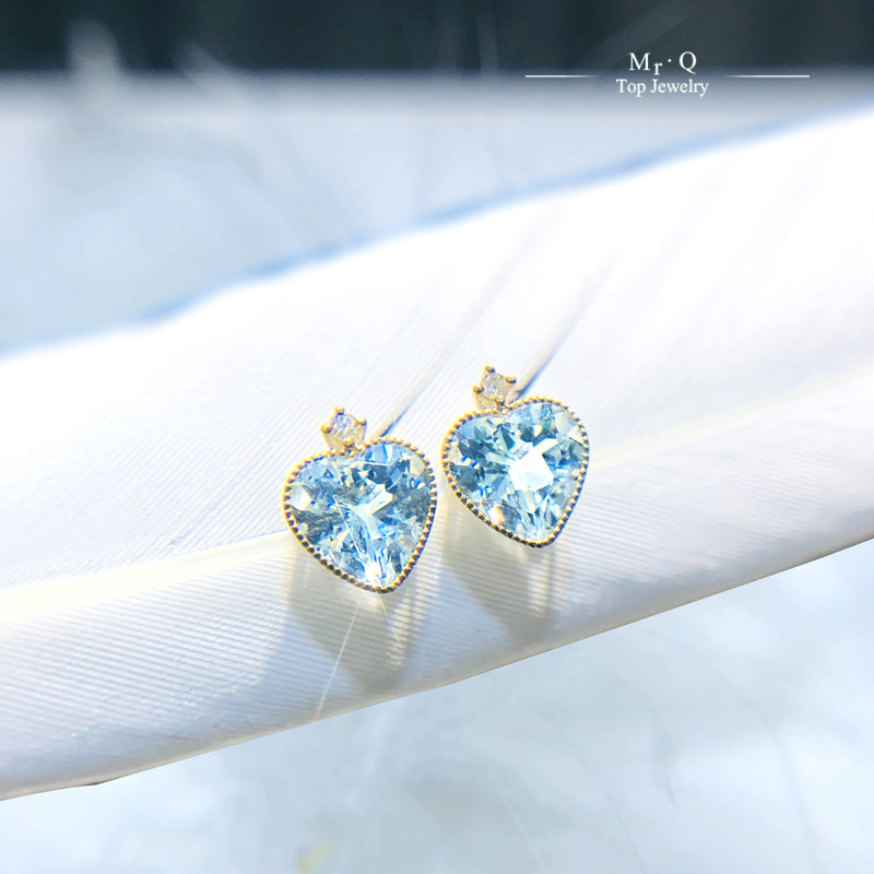 Natural Aquamarine Heart Stud Earrings 18K Gold Earrings 1 6 Carat Diamond Earrings Female Anniversary Gift Certificate