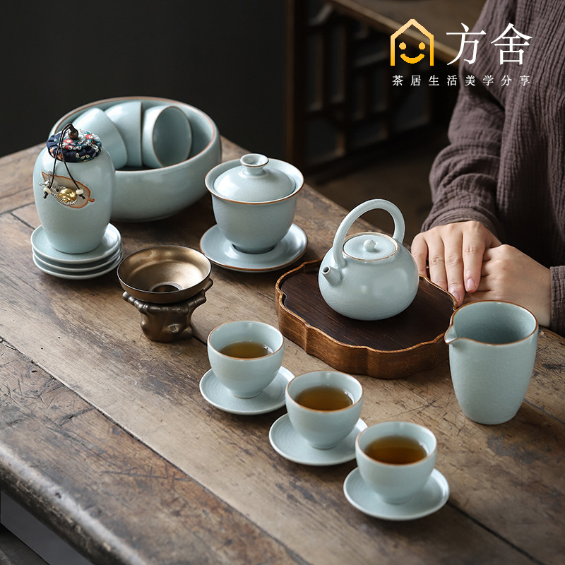 Fang Sheed Defied Ru Kiln Ice Cracking Ceramic Kung Fu Cover Bowl Of Guest Teapot Tea Tea Tea New Chinese Business Gift Box Suit