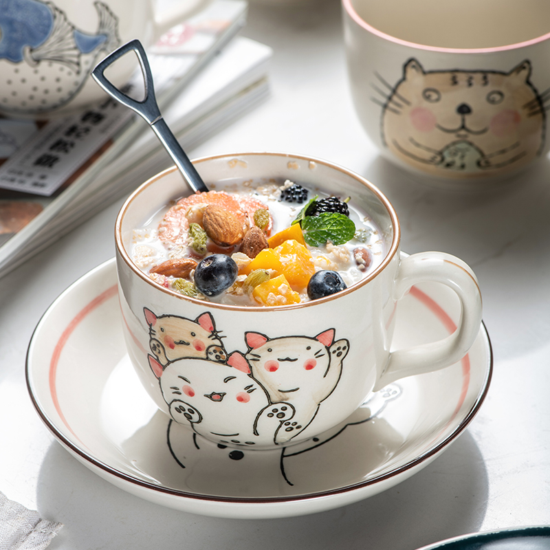 Breakfast Cup Oat Cup With Spoon Mark Cup Cute Girl Day Macko Cereal Milk Cup With Lid Ceramic Cup Large Capacity