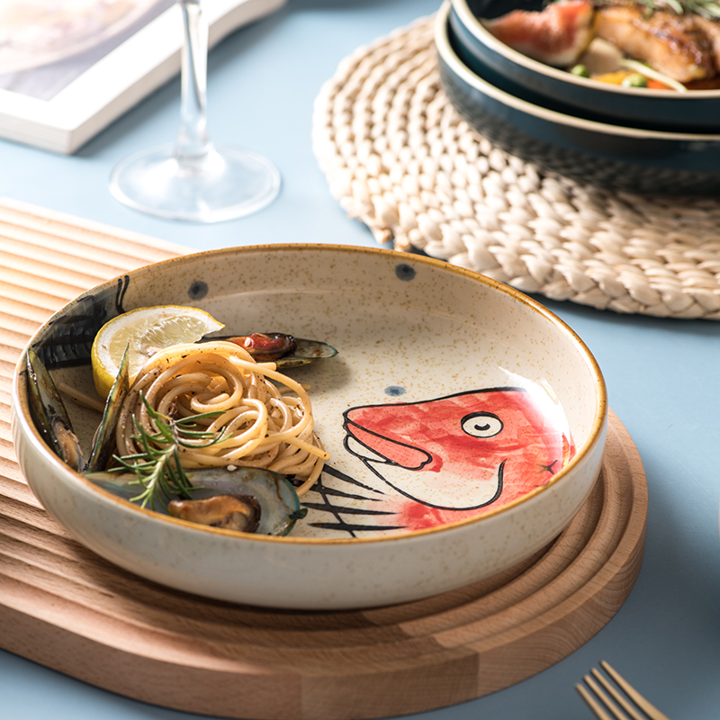 Cute big plate deep plate ceramic western food soup plate home good-looking creative personality hand-painted fish head dish dish dish