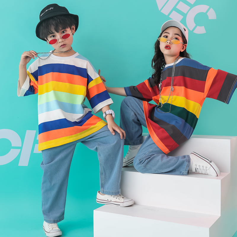 Boys hip-hop summer hiphop hip-hop children's striped training clothes performance clothes girls jeans performance clothes tide