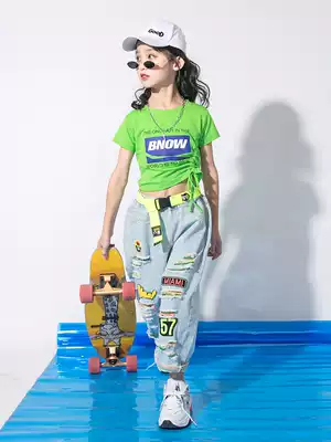 Children's hip-hop street dance suit Korean version of men and women's net red two-piece girl navel jazz dance show tide suit summer