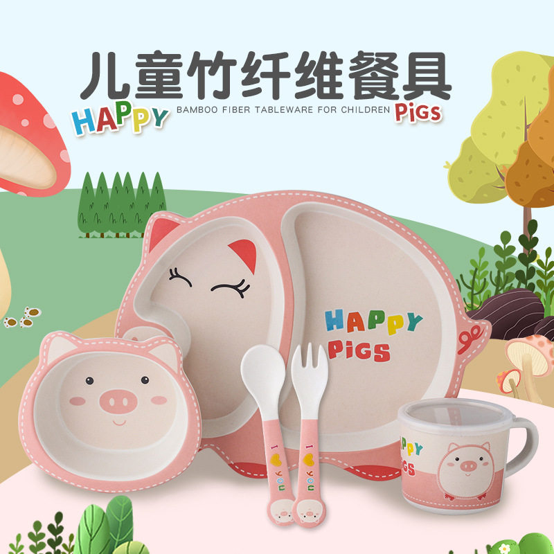Bamboo fiber children's tableware cute eating divided dinner plate cartoon baby fork spoon set side food bowl piggy boy