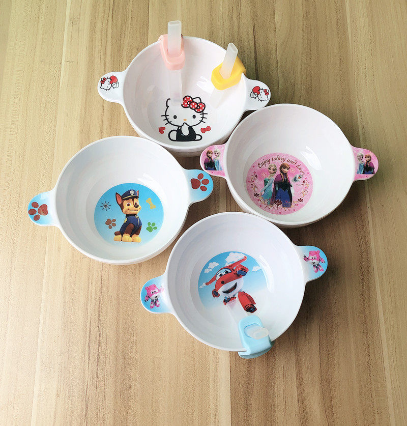 Children Bowls Cartoon Anti-Burn Baby Eating Bowls Kindergarten Deputy Food Straws Drinking Soup Bowls Home Cutlery KT Cats