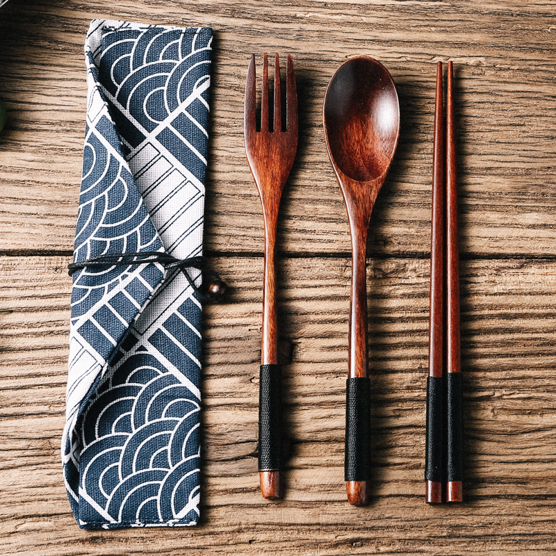 Japanese wooden chopsticks spoon set single suit student children portable tableware spoon fork chopsticks storage box three-piece set