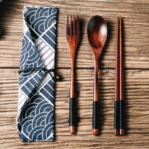 Japanese wooden chopsticks spoon set single student children portable tableware spoon Fork chopsticks storage box three sets