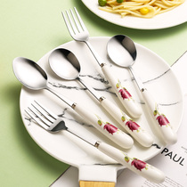 Spoon home creative Cute ceramic Western food round spoon sharp spoon Fork stainless steel spoon meal soup small soup spoon