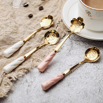 Dessert creative cute cherry blossom spoon ceramic coffee spoon long handle mixing spoon Korean gold girl heart petal small spoon