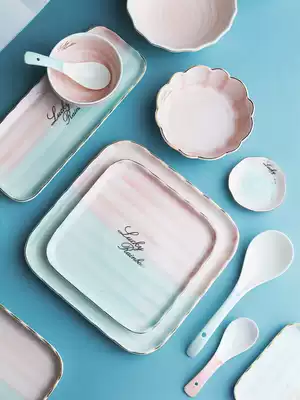 Shuanghong Japanese-style ceramic tableware Net celebrity ins household plate Creative plate Soup bowl Rice bowl Simple Western dish