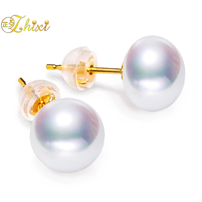 Zhixi Jewelry 18K Gold Purple Pearl Stud Earrings Freshwater Pearl Official Gift Female