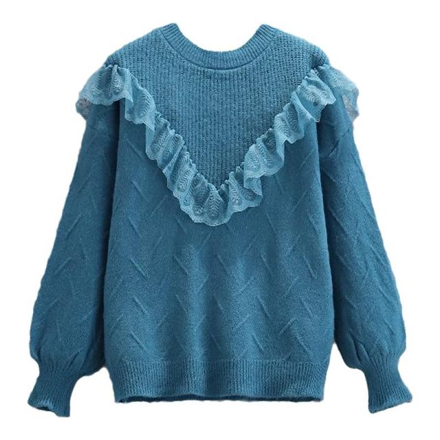 Lazy style sweater women's pullover 2023 new autumn and winter Korean style loose lace sweater students top lantern sleeve