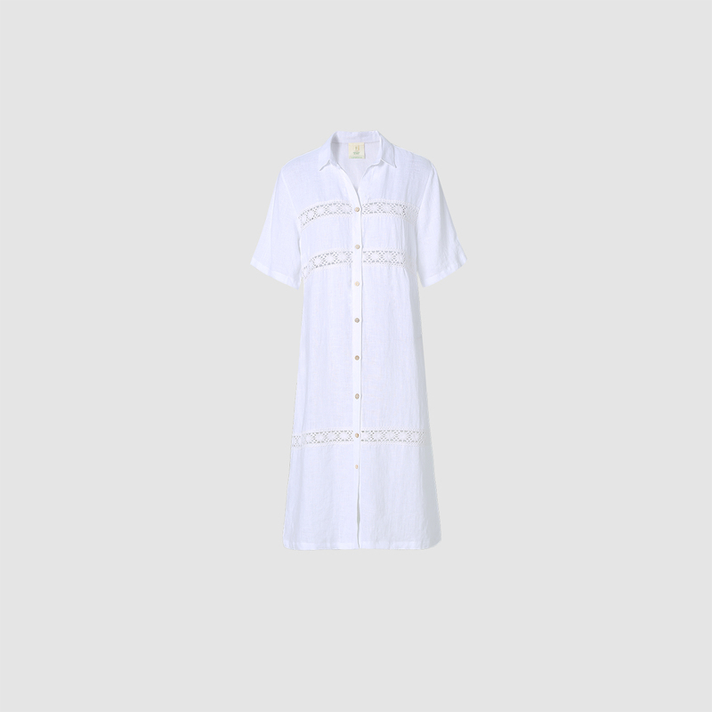 Italian Women's Fashion Lapel Straight-Cut Solid Color Dress with Buttoned Hollow Lace Linen Shirt Dress Italian Women's Fashion Lapel Straight-Cut Solid Color Dress with Buttoned Hollow Lace Linen Shirt Dress