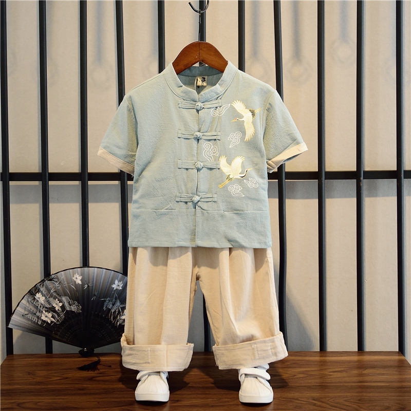 2021 boys Hanfu children's summer ethnic style suit short-sleeved retro cotton and linen Tang suit baby Chinese style ancient costume