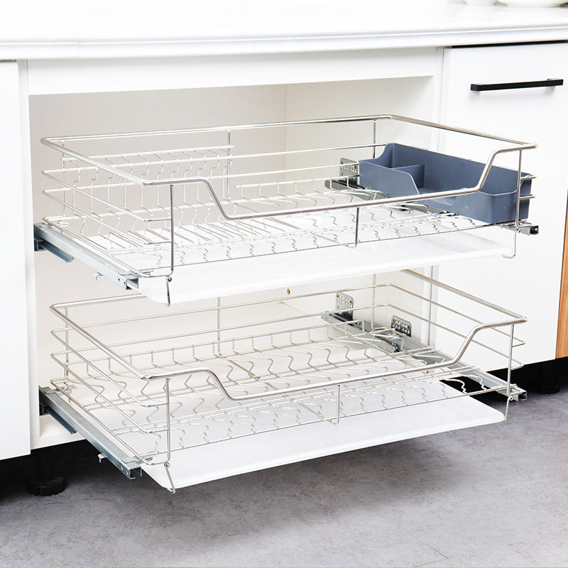 Bowl basket Pull basket drawer type double layer 304 stainless steel integral cabinet Drain basket Water filter storage seasoning dish rack built-in