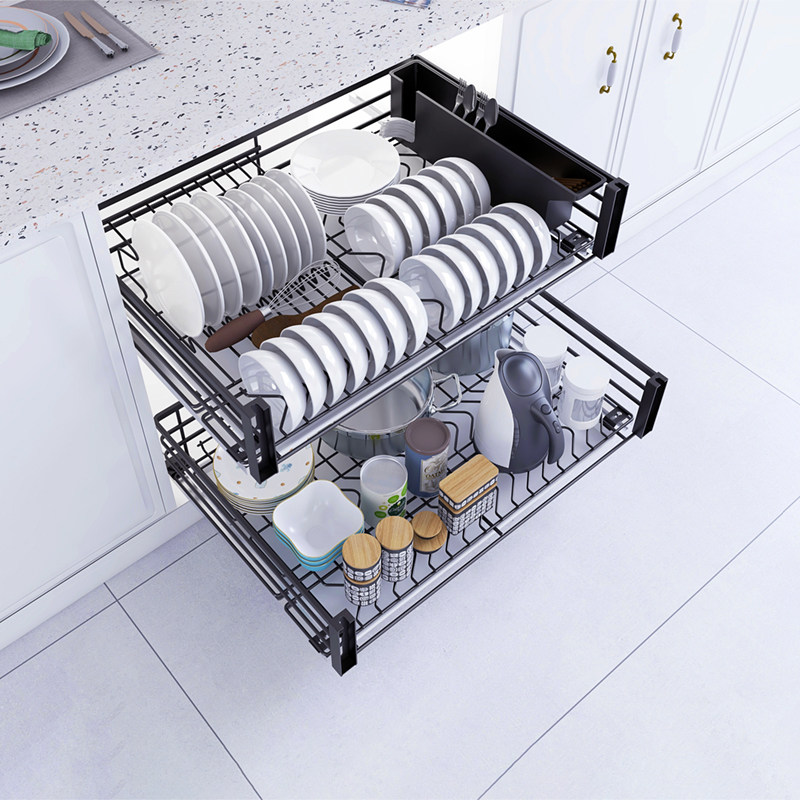 Kitchen Integral Cupboard Bowl Basket Pull Basket Drawer Double 304 Stainless Steel Buffer Seasoned containing Dish Basket shelf