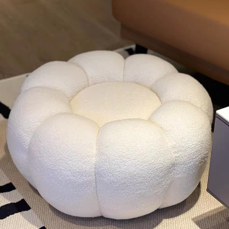 Pumpkin Stool, Ottoman, Sofa Stool, Footstool, Low Stool, Trendy Living Room Coffee Table Side Stool, Lamb Wool White Small Round Stool