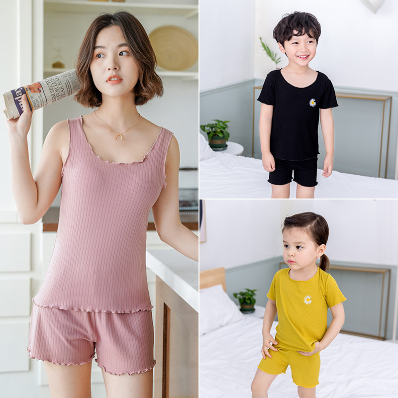Cotton parent-child sleeveless shorts short sleeve vest set children's summer baby girls home wear pajamas thin men