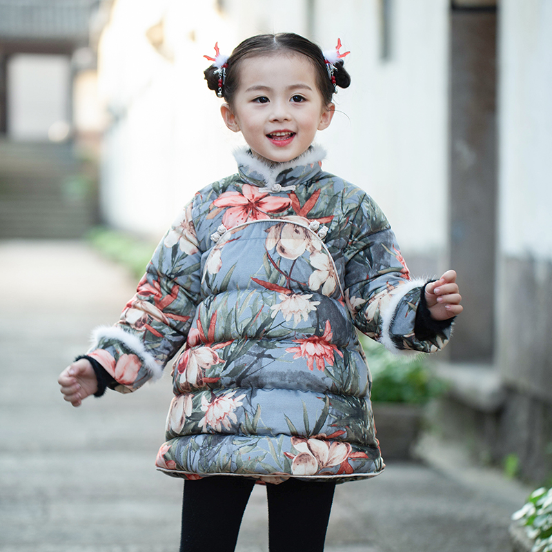 Girl's Handwear cotton clothes Chinese Wind Scout baby Baton year Costume Gufeng New Year Dress Little Girl Cotton Clothes Thickened Winter Dress