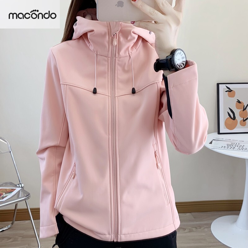 Macondo Women's Autumn and Winter Hooded Fleece Soft Shell Jacket, Windproof, Waterproof, Warm, Outdoor Sports Jacket, Fashionable