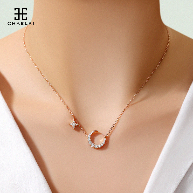 Lanmier Stars Moon Necklace Woman Crescent Lock Bone Chain S925 Pure Silver Plated 18K Rose Gold Color Gold Lukewarm Wind
