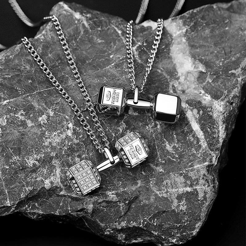 Small dumbbells necklace for men and women lovers section long chain barbell sports fitness pendant titanium steel without fading bright face inlaid drill-Taobao