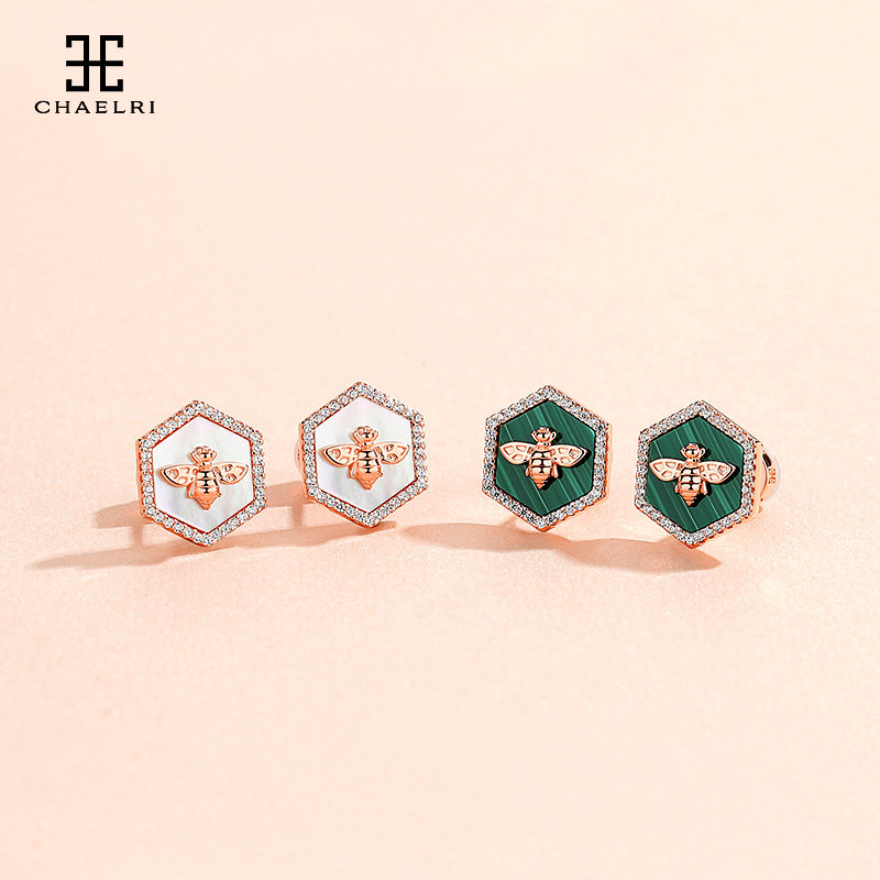 2021 New small bee ear needle female geometric S925 silver pure silver plated 18K rose gold white mother beagneststone