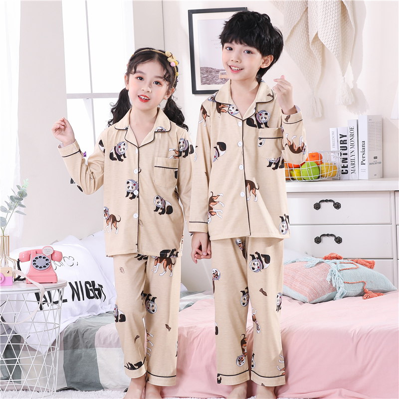 . Xuân Thu childrens tay áo ngắn trẻ em vừa đồ ngủ womens bông bộ bé trai quần áo nhà cô gái mùa hè mỏng