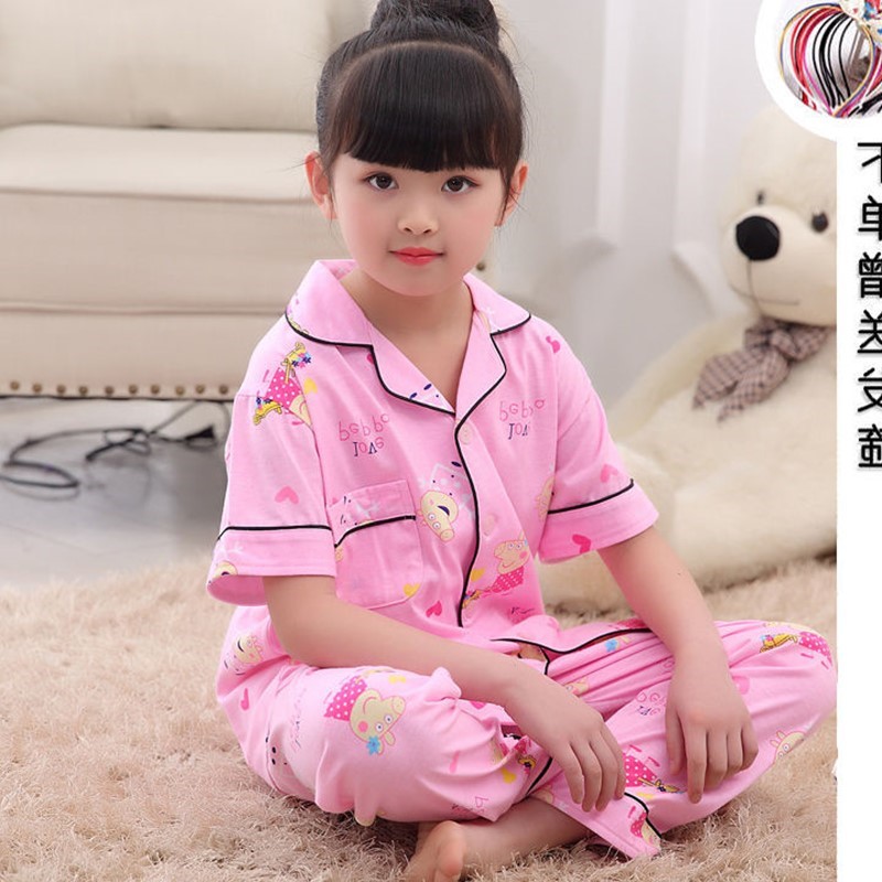 . Childrens pajamagirls mùa xuân và mùa hè bông ngắn tay quần áo đan len ve áo phù hợp với trẻ em gái ở trẻ em nhà lớn