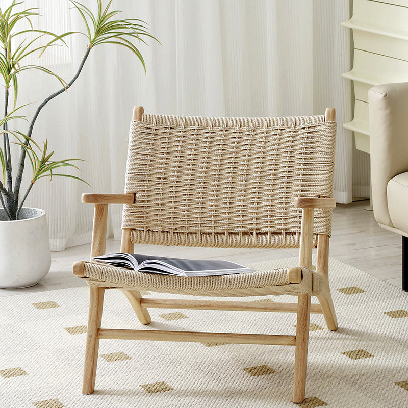 Japanese-style solid wood rattan sofa chair living room single chair rope backrest lazy chair balcony Nordic net red leisure chair