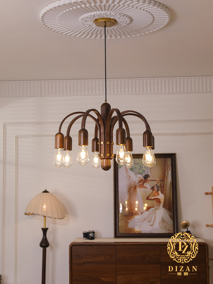 Dizan Retro Living Room Chandelier, Antique Style Walnut Color Bedroom Study Main Light, Designer American New Style Lamp