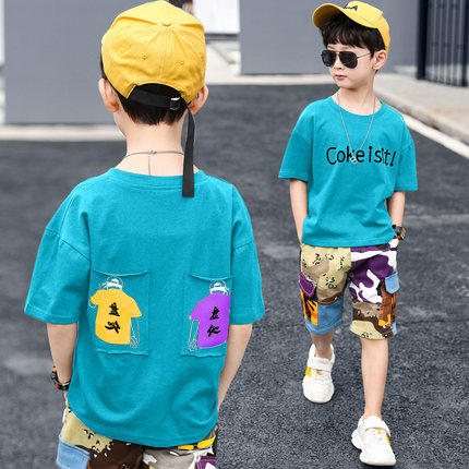 Boys summer suit 2020 new children's t-shirt large children's short-sleeved denim shorts foreign school boys tooling tide