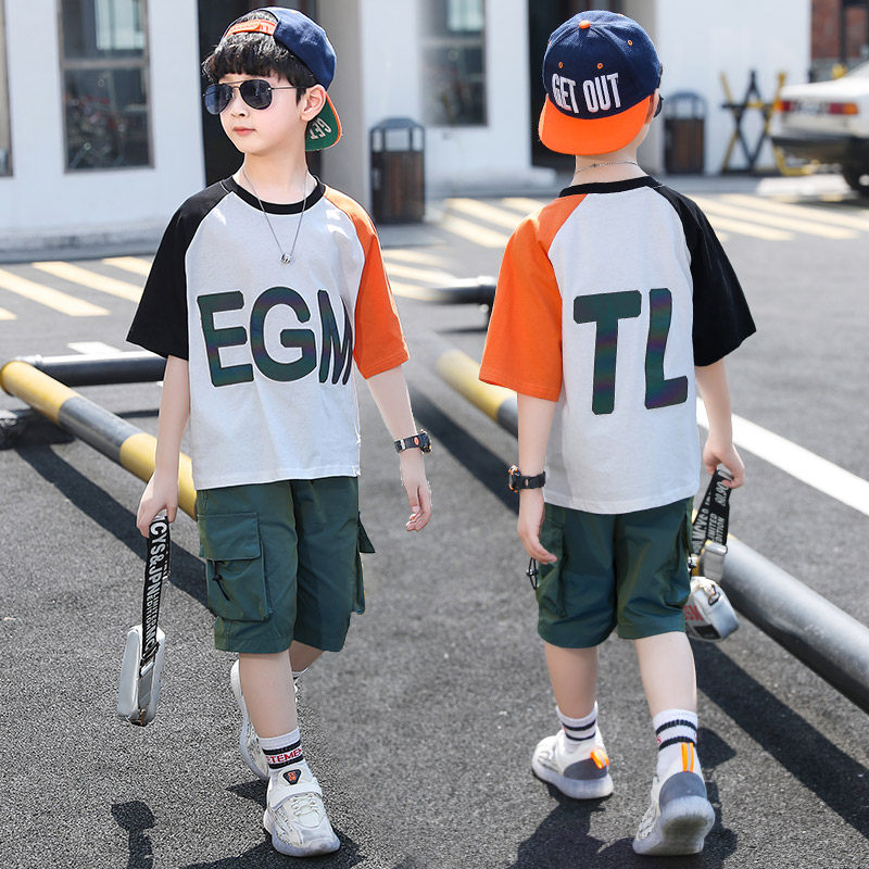Boys summer short-sleeved suit handsome 2021 new children's suit Foreign school middle school boys summer net red tide