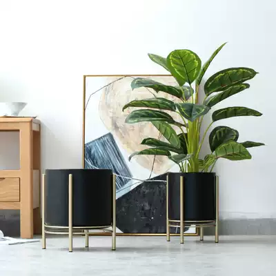 Nordic simple style wrought iron flower pot with bracket golden legs large plant utensils shelf black wild