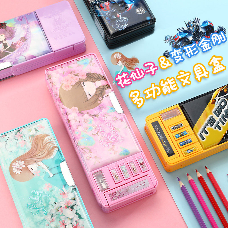 Kaba Bear transformers children's stationery box Net red creative stationery for primary school students Plastic double-sided boys multi-functional creative pen box Flower girl girl girl princess stationery bag wholesale