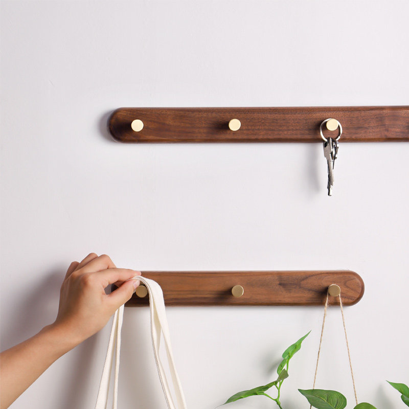 Solid wood brass porch decoration clothes hook black walnut wood hanger wall door non-perforated door wall hanging