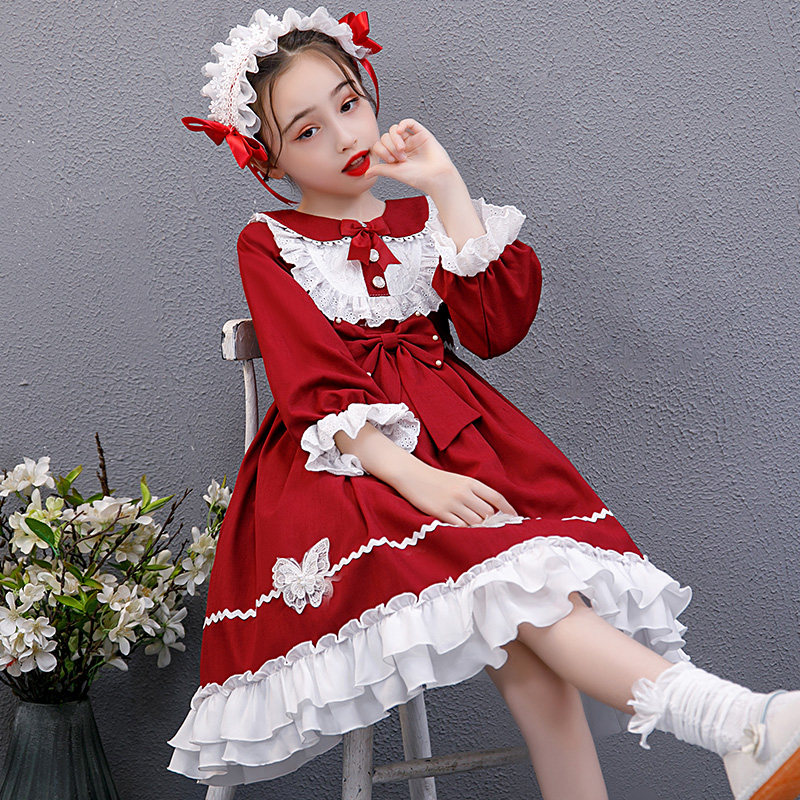 Girls red dress 2021 spring and autumn childrens skirt foreign style lolita princess skirt lolita spring women