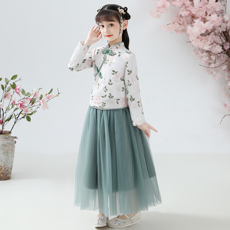 Girls hanfu dress Autumn childrens costume foreign style super fairy Chinese style 12-year-old girl Cherry blossom princess skirt