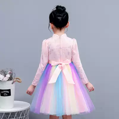 Girls Skirt Spring and Autumn Dress Little Long Sleeve Princess Dress Gala Dress Super Immortal Children Rainbow Skirt Birthday