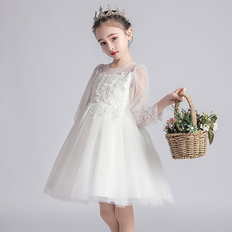 Princess Dress Girl's Puffy Veil Children's High-end Gown Walking Show Host Wedding Dress White Dress Noble