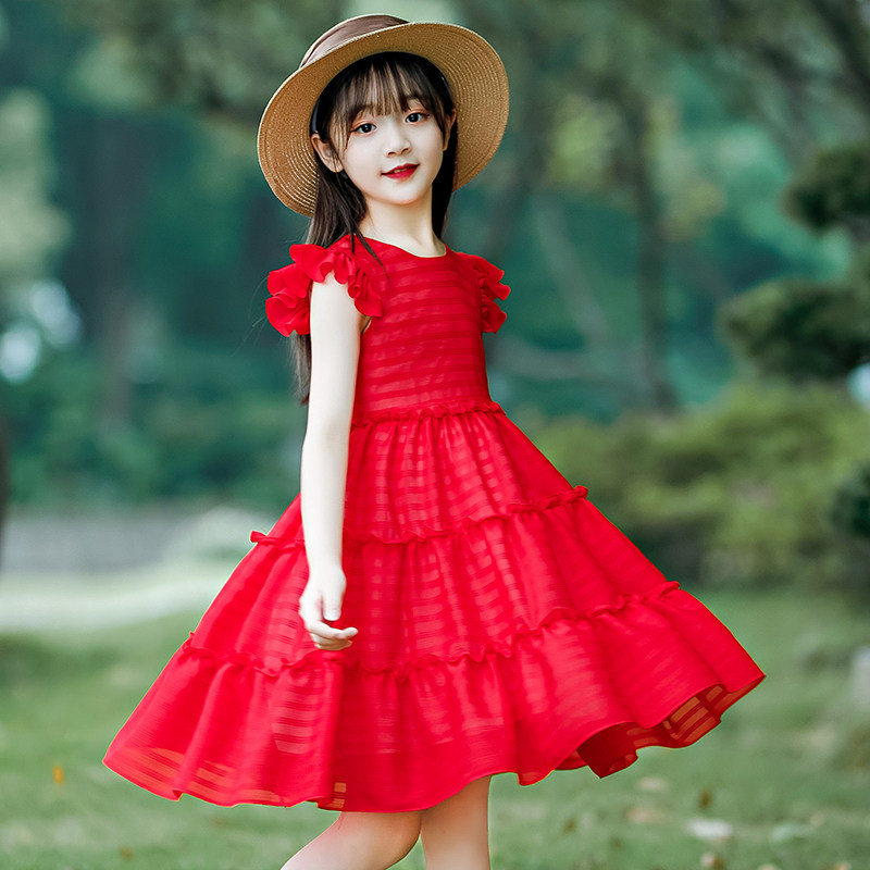 Girls dress Red Children summer dress Mid-size childrens dress Princess childrens clothes Pure cotton foreign air