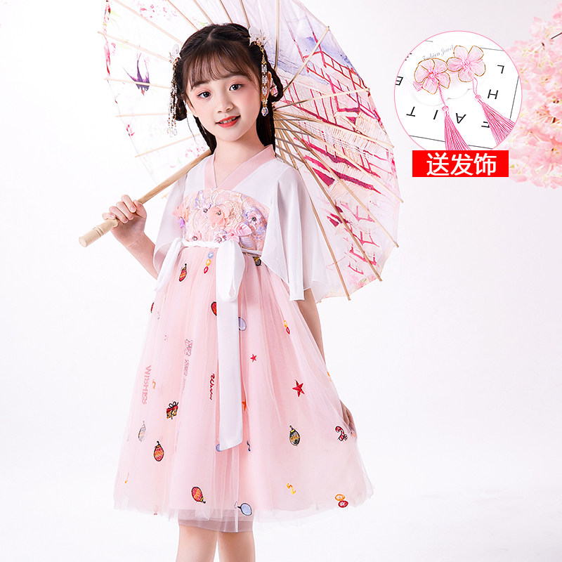 Girl princess hanfu skirt new super fairy dress Childrens summer dress Puff yarn little girl 襦 skirt performance clothing