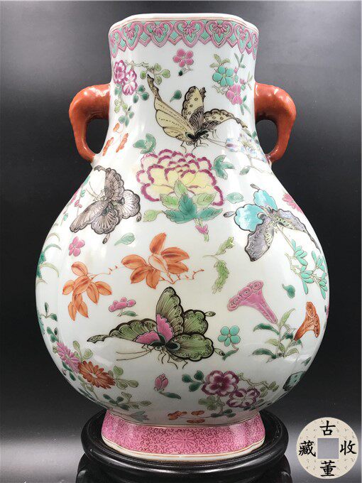 多色彩陶器花瓶 ドラゴンハンドル付き 清 堆塑双耳瓶 大清乾隆年制款