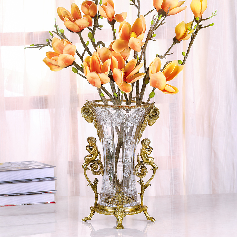 Eurostyle crystal matching copper large vase swing piece living room Xuanguan table pure copper glass vase transparent decorative florin