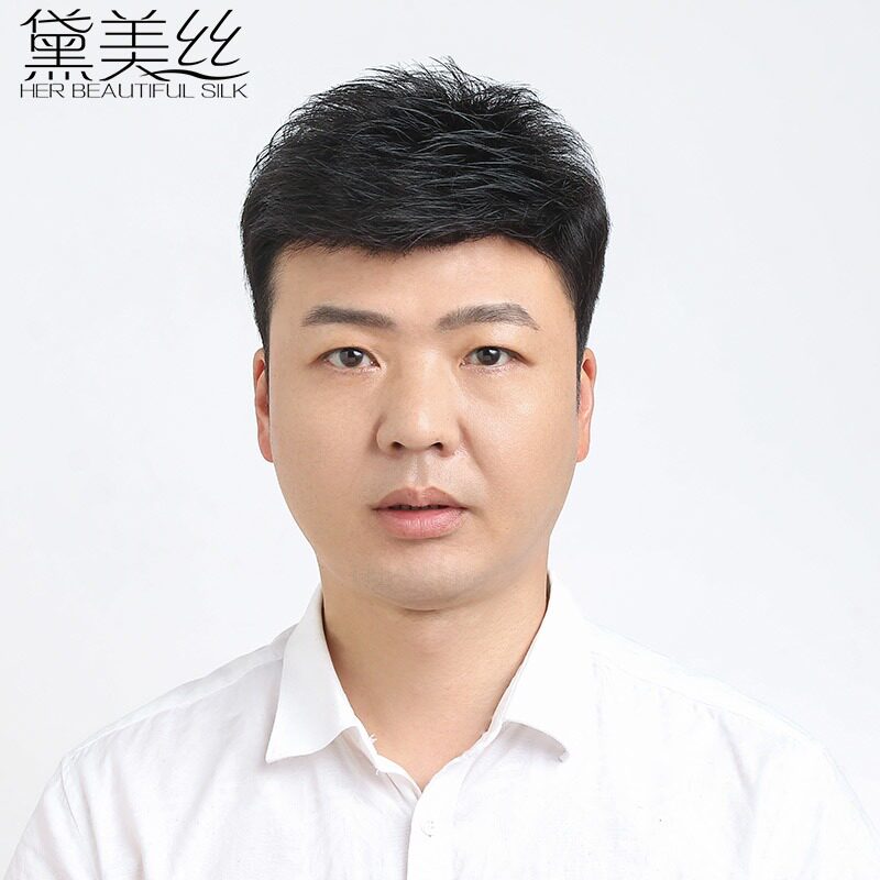 Men's real hair middle-aged and elderly head replacement block wig male leader short hair handsome natural forehead bald wig