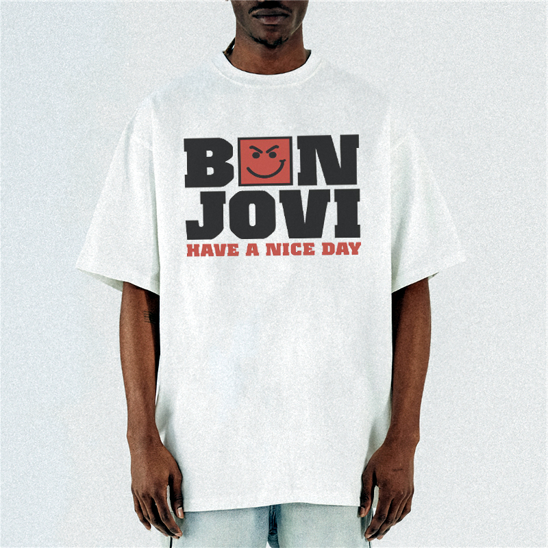 Direct Print Rock Band Bon Jovi Printed T-Shirt, Pure Cotton, Short-Sleeved, Round Neck, Loose Fit, Unisex, Heavyweight