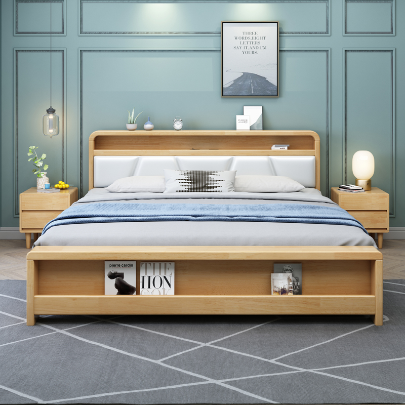 Nordic solid wood bed double bed 1 8 m bedroom modern simple 1 5m log soft bag high box storage bed furniture
