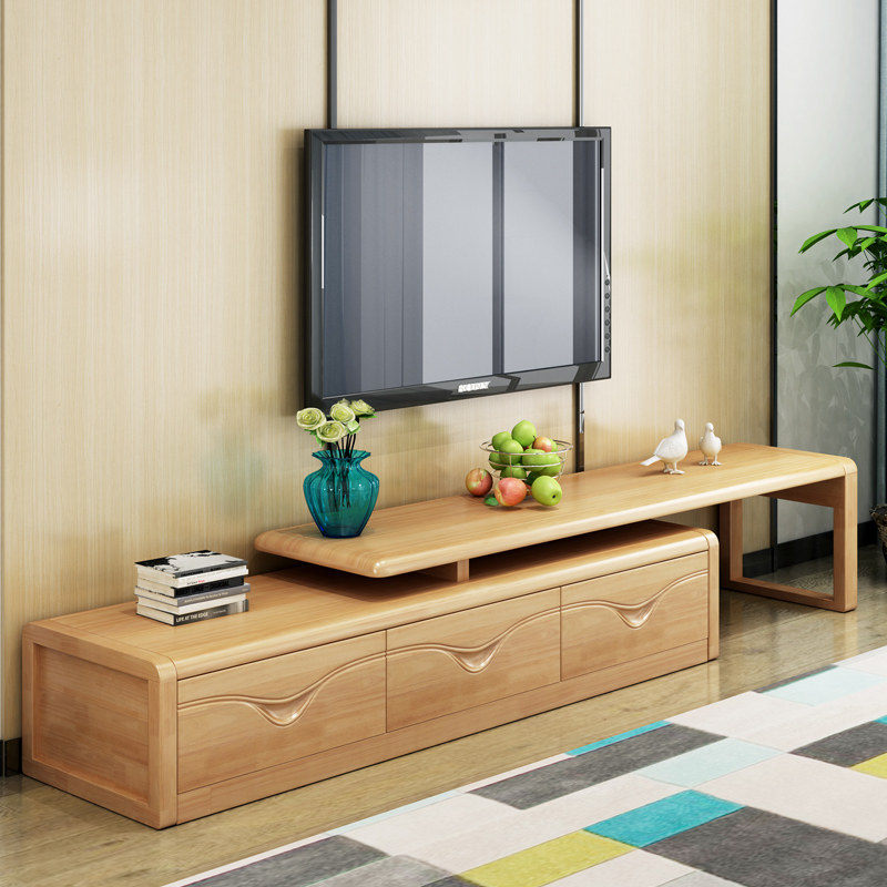 TV cabinet solid wood telescopic combined ground cabinet modern tea table combined storage cabinet small family style Chinese living room furniture