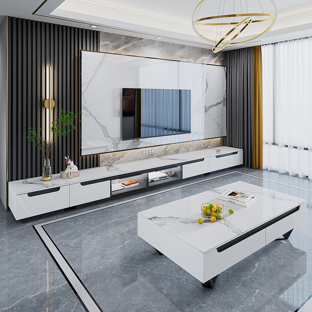 Bright rock board coffee table TV cabinet combination Modern simple small apartment living room light luxury glass door floor wall cabinet