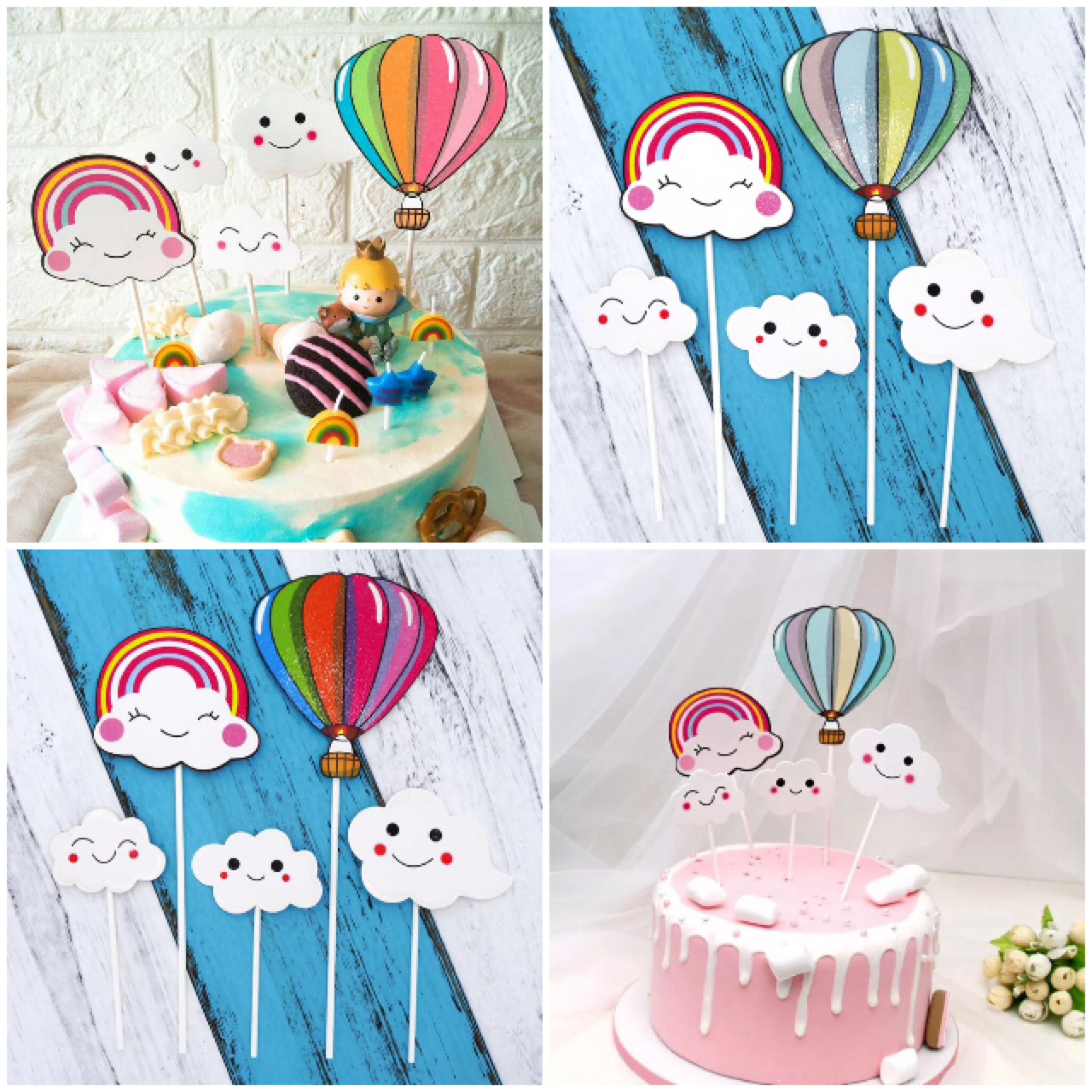 Hot Air Balloon Cake Decoration Plugin Cloud Seven Rainbow Happy Birthday Inserts Children Cartoon Baking Dessert Dress