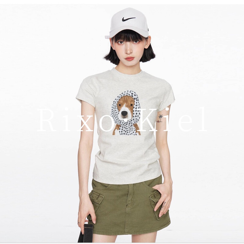 French Rixo Kiel Gray Printed Puppy Short-Sleeved T-Shirt for Women, Summer Slim Fit Short Top
